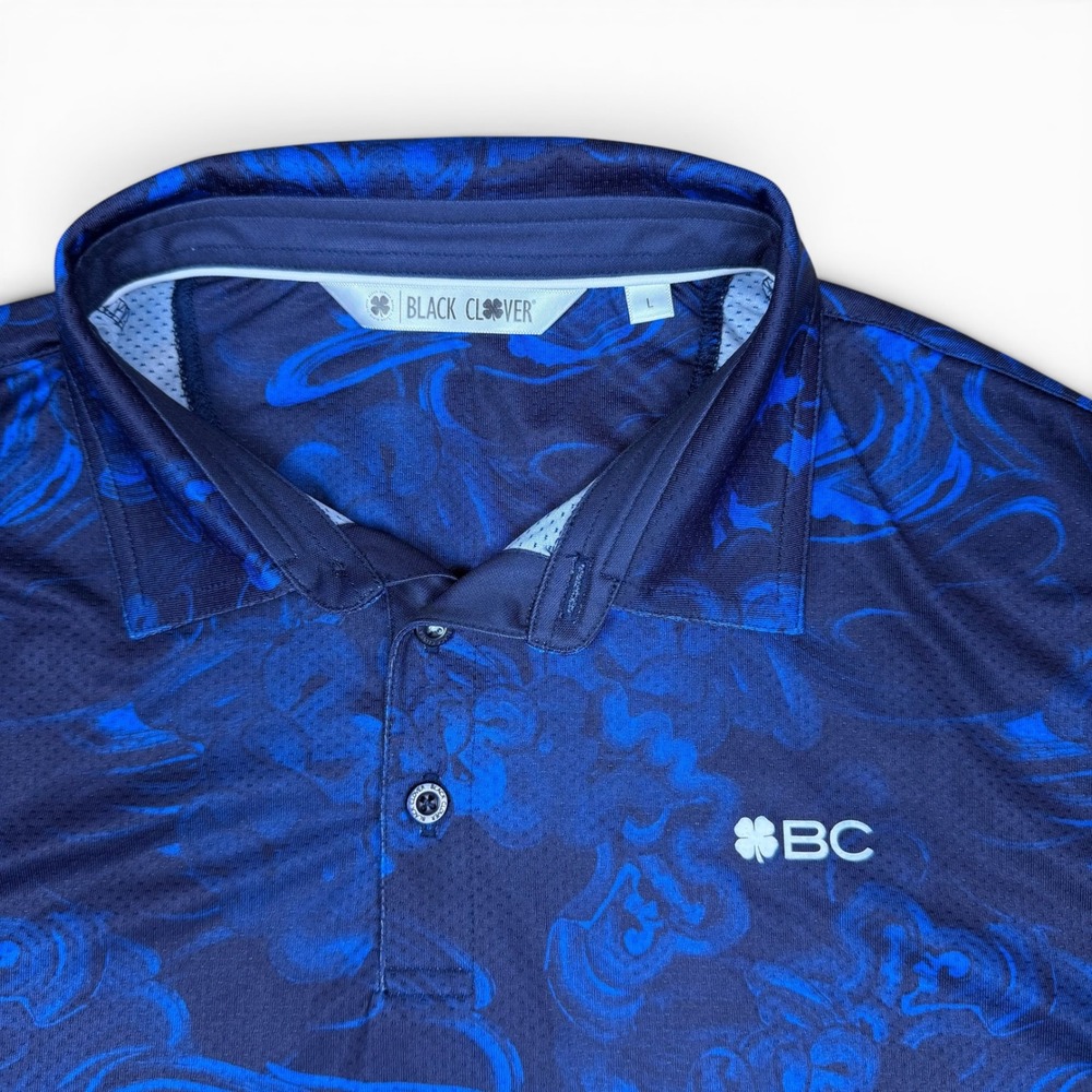 Black Clover Live Lucky Mens Blue Swirl Performance Golf Polo Shirt Large Smoke